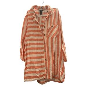 Ali Miles Relaxed Orange Cream Striped Linen Blend Shirt Button Down Sz M $79.00